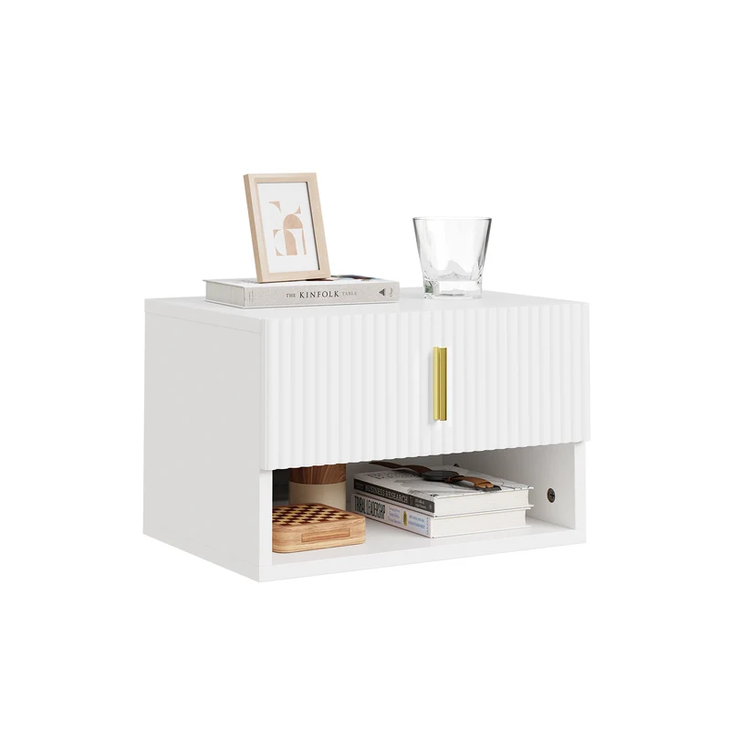 SoBuy FBT176-E-W, comodino sospeso con luce LED a sensore, 40x30x26cm | Cassetto montabile sopra/sotto, Mensole da muro con fronte ondulato del cassetto, maniglia dorata, PB+MDF
