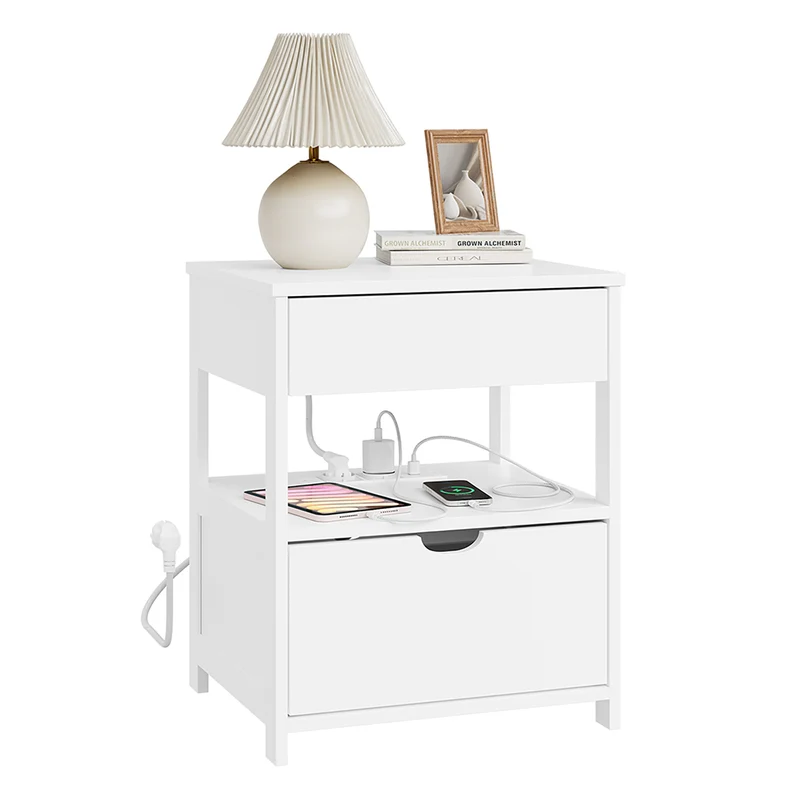 SoBuy FRG258-II-E-W, Comodino con 4-in-1 stazione di ricarica e 2 cassetti, 45x38x55,5 cm | Piccolo tavolino da letto salvaspazio per adulti e adolescenti, Bianco, per camera da letto e soggiorno