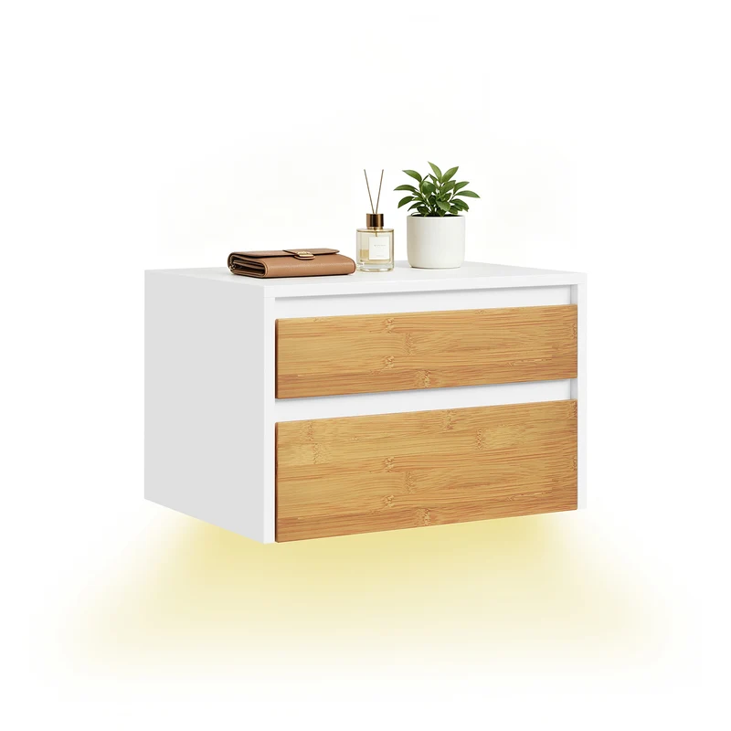 SoBuy FBT175-E-WN Comodino camera da letto sospeso con lampada a sensore di movimento rimovibile e 2 cassetti, Comodino da parete per camera da letto e ingresso, 40x29.8x25.6cm, Bianco Naturale
