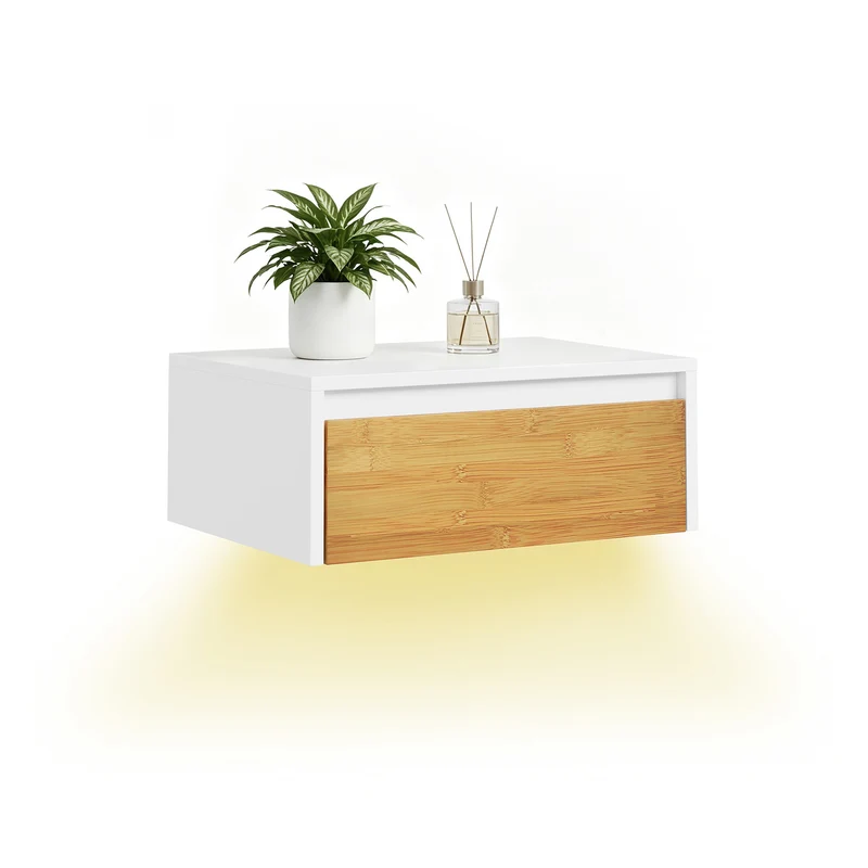 SoBuy FBT174-E-WN Comodino camera da letto sospeso con lampada a sensore di movimento rimovibile e cassetto, Comodino da parete per camera da letto e ingresso 40x29.8x15.6cm, Bianco Naturale