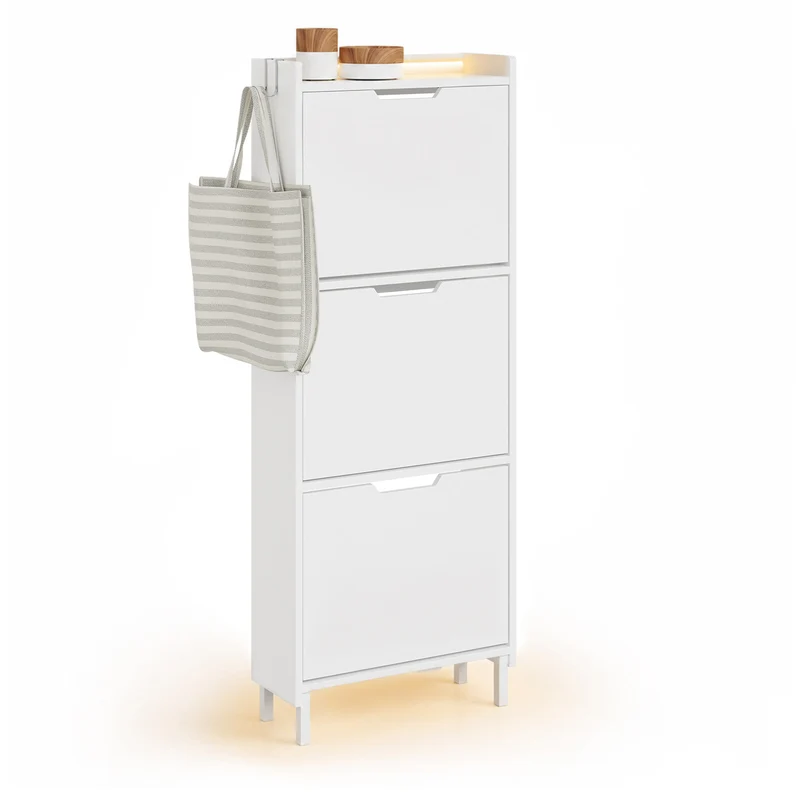 SoBuy FSR151-H-E-W Scarpiera Salvaspazio Slim, Scarpiera Ingresso, Scarpiera Legno con Luce LED Sensor e Profondità 19 cm, per Ingresso e Corridoio, per Piccoli Spazi, Bianco, 50 x 19 x 131 cm
