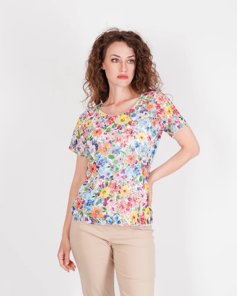 Maglia girocollo pizzo e tulle fantasia 215/4