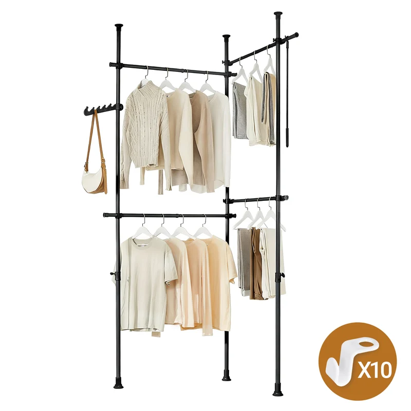 SoBuy KLS03-II-SCH Telescopic Appendiabiti da Terra, Robusto Stand Appendiabiti con Aste, Armadio Aperto Regolabile per Camera da Letto, Porta Abiti Nero