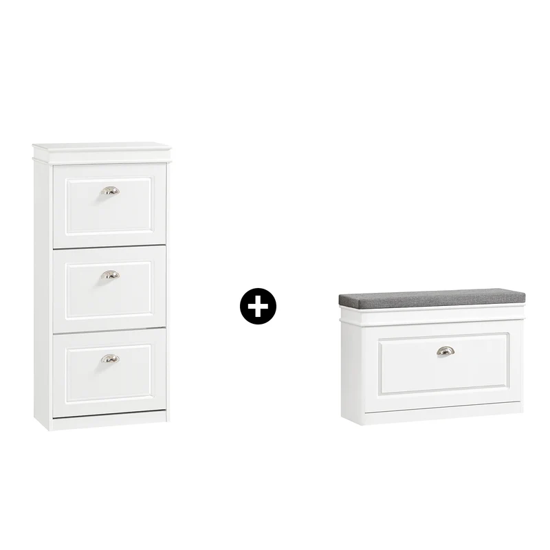SoBuy FSR82-L-W+FSR94-W, Set Ingresso Bianco con Panchina Scarpe e Armadietto Alto a Cassettoni Ribaltabili | Profondità 24 cm