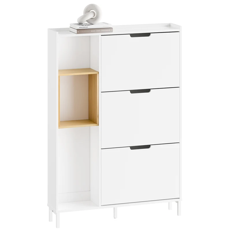 Pre-sale SoBuy FSR209-WN, Scarpiera Salvaspazio Slim Scarpiera Ingresso Mobile Ingresso, 3 Porte a Ribalta, Bianco e Bamboo, Per Donne, Spazio Salvaspazio per Ingressi e Corridoi, 90x19x129.5 cm
