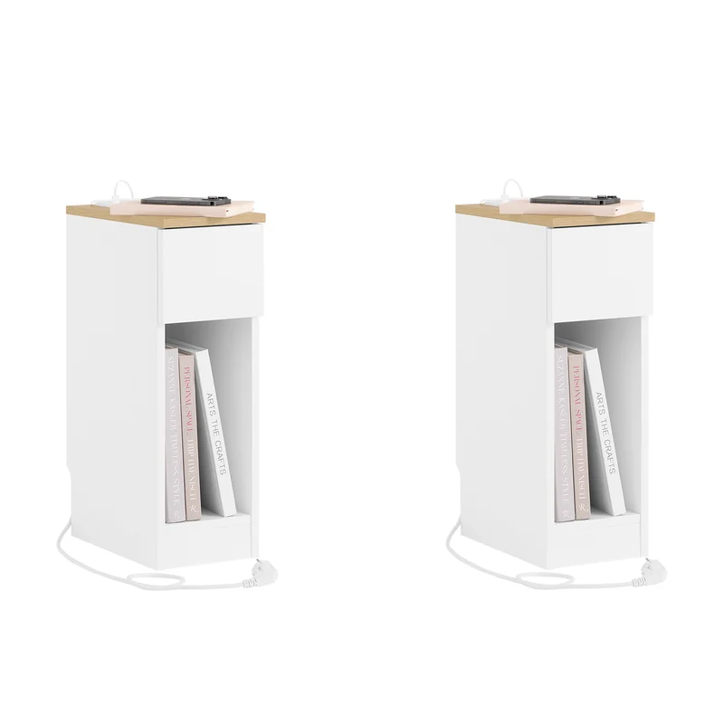 SoBuy FBT111-E-WNx2 Set di 2 Comodino Sottile con Presa di Ricarica, comodino Stretto con Presa Standard, Porta USB e Porta Type-C per Camera da Letto e Soggiorno, Bianco L20 x P35 x A60 cm