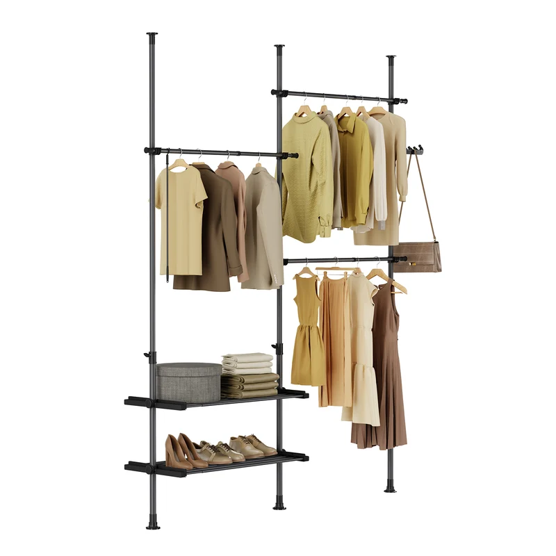 SoBuy FRG34-II-SCH, Telescopic Appendiabiti da Terra, Robusto Stand Appendiabiti con Aste e Ripiani, Armadio Aperto Regolabile per Camera da Letto, Porta Abiti Nero
