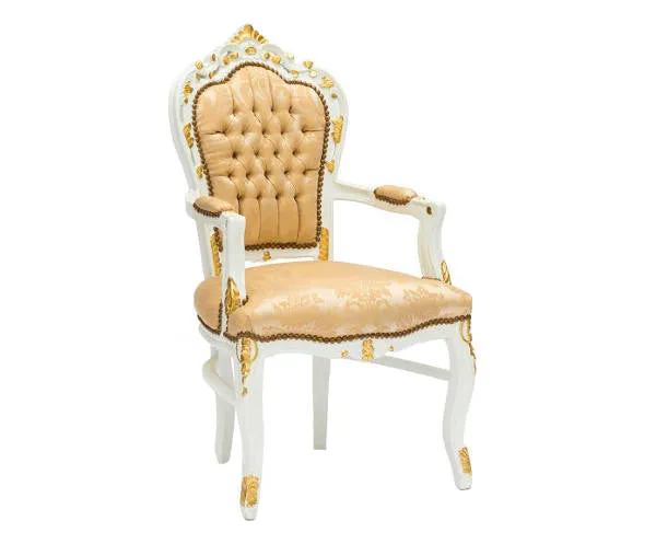 Poltrona barocco da salotto in legno colore bianco e tessuto color oro cm 63X65X108