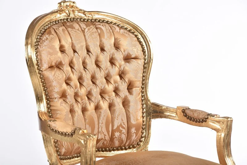 Poltrona barocco da salotto o camera da letto in legno e tessuto a foglie oro cm 65x60x94h