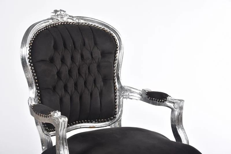 Poltroncina barocco da ingresso o camera da letto in legno color argento e tessuto nero cm 60x65x94h