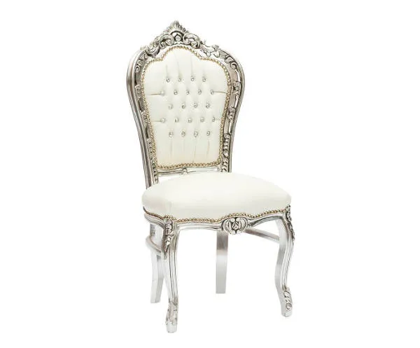 Sedia barocco in legno colore argento in ecopelle bianco cm 52x60x110h