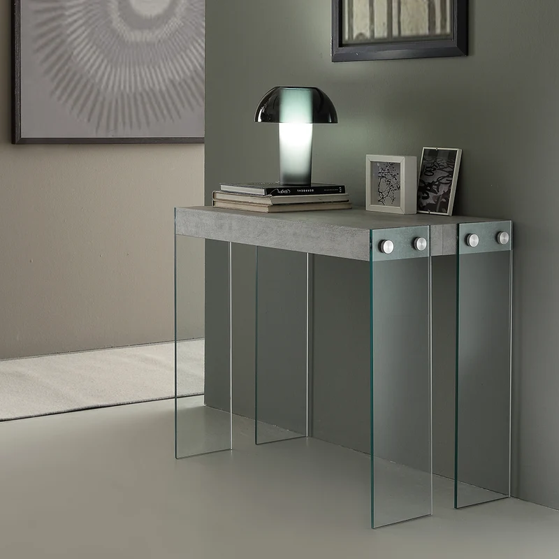 Consolle allungabile Iceberg con gambe in cristallo piano colore cemento cm 85x50/200x76h