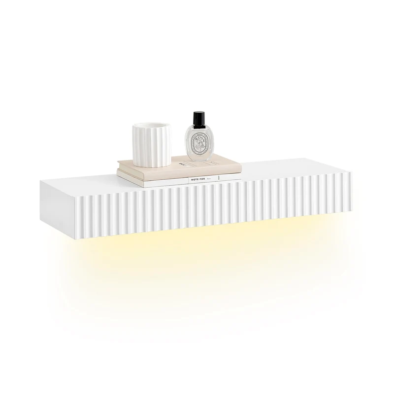 Pre-sale SoBuy FHK38-W Mensola da Parete Galleggiante con Cassetto e Striscia LED con Sensore di Movimento, L60 × P20 × H8 cm, Bianco