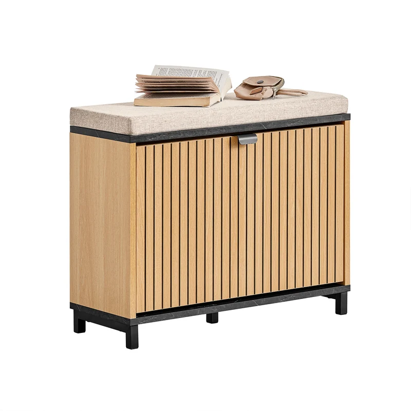 SoBuy FSR201-N Scarpiera Ingresso Panca Contenitore Scarpiera Salvaspazio Slim con Seduta Imbottita Mobile Ingresso Legno per Camera da Letto e Corridoio Nero Effetto Marmo e Legno 60x24x50cm