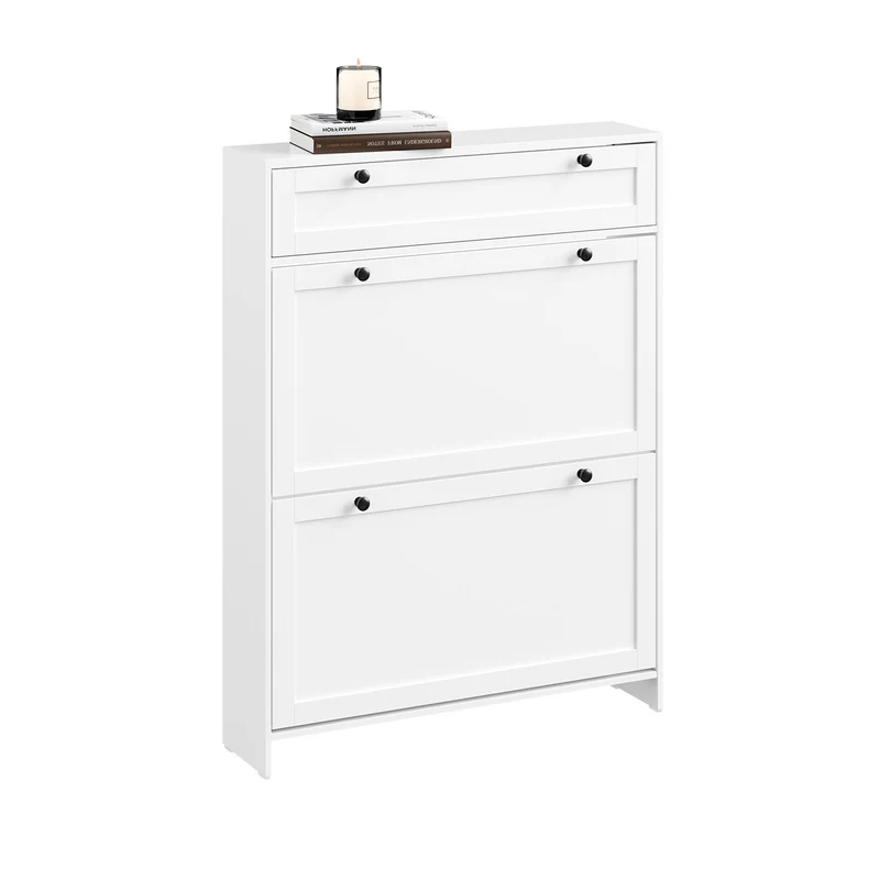 SoBuy FSR207-W, Scarpiera Salvaspazio Slim In Legno, Scarpiera Ingresso Moderna con 2 Ante a Ribalta e 1 Cassetto, Design Compatto per Spazi Ristetti, Facile da Pulire, Bianco, 80x19x107 cm