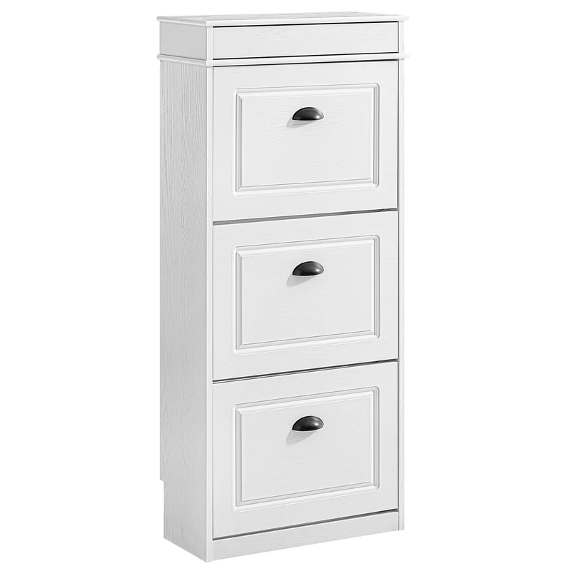 SoBuy FSR94-WG Scarpiera Salvaspazio Slim con 3 Ante a Ribalta e Cassetto Push-to-Open, Portascarpe 12 Paia, Effetto Legno Vintage Bianco, 53x24x120cm
