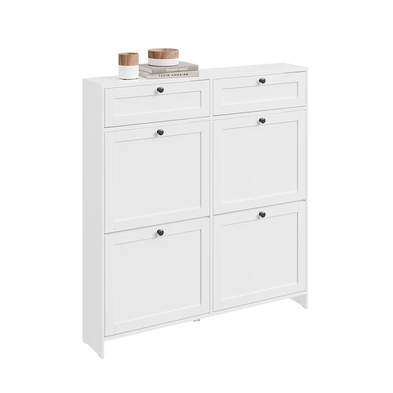 SoBuy FSR208-W, Scarpiera Salvaspazio Slim, Scarpiera In Legno Bianco, Mobile Ingresso con 4 Ante a Ribalta e 2 Cassetti, a 12 Paia di Scarpe, Con Protezione Antiribaltamento, 100x19x107cm