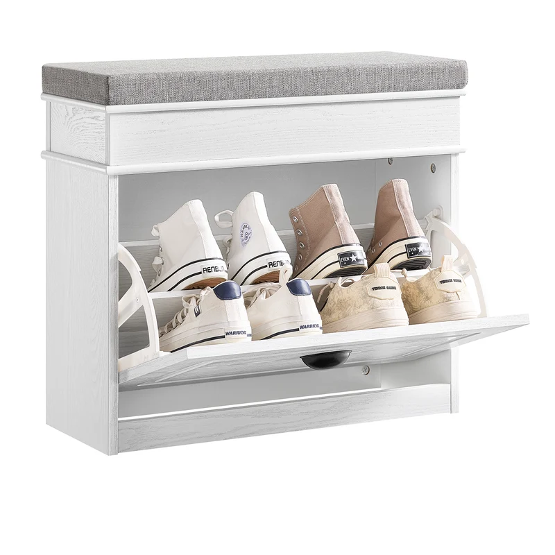 SoBuy FSR82-K-WG Scarpiera Salvaspazio Slim con Seduta Panca Scarpiera da Ingresso Contenitore in Legno Mobile Scarpiera Ingresso per Scarpe, 61x24x51cm Effetto Legno Invecchiato Bianco