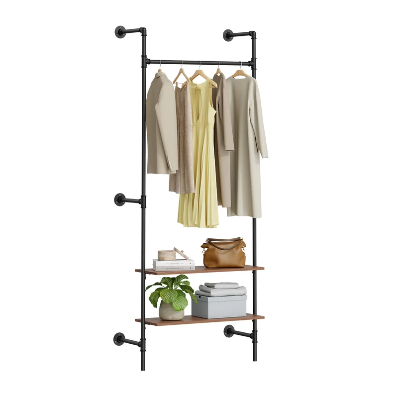 SoBuy KLS20-SCH, Appendiabiti a Parete con 2 Ripiani MDF, Porta Abiti Salvaspazio 45 kg di Portata, Armadio per Camera da Letto e Ingresso, 91,5x48x220cm, Industriale Nero