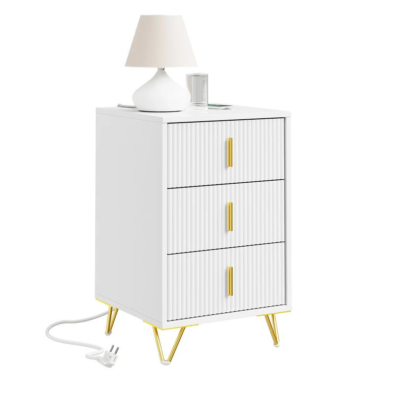 SoBuy FBT115-L-E-W, Comodino camera da letto con funzione di ricarica, comodino con 2 prese, USB e Type-C, tavolino da letto Bedside Table per camera da letto e soggiorno, Bianco, L40 x P40 x H63,5 cm