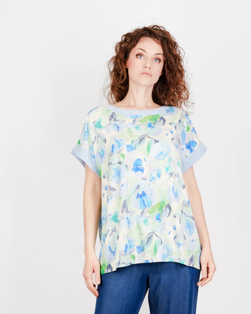 Maglia OVER fiori sfumati inserto jeans S-500