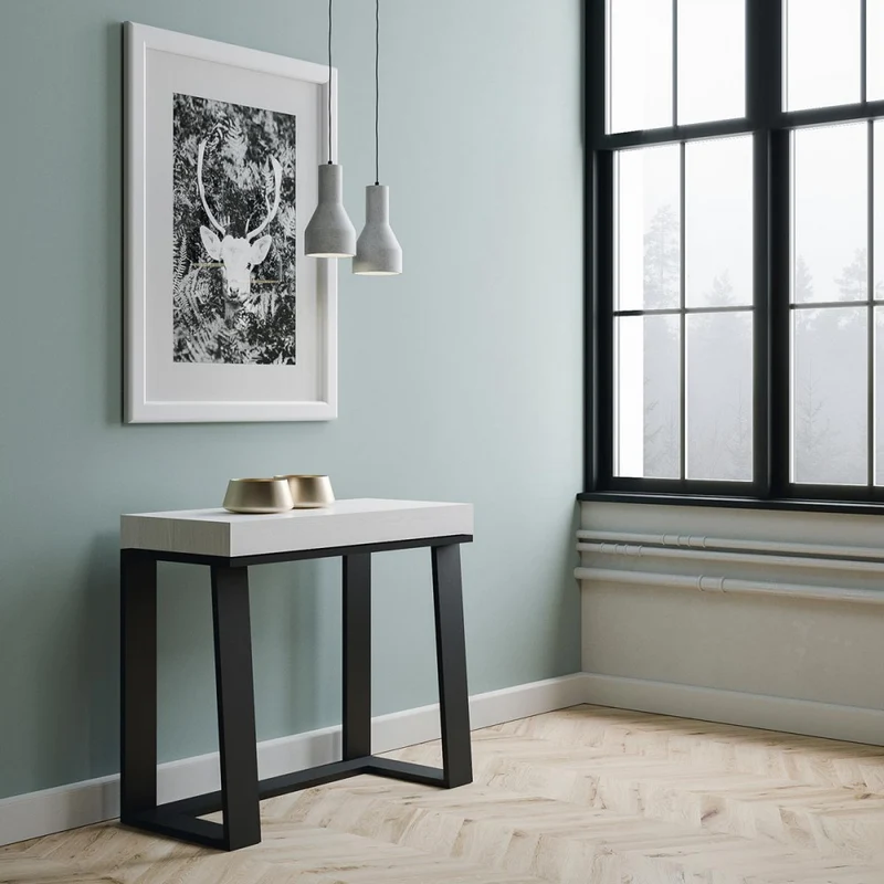 Asia - Tavolo consolle allungabile gambe in metallo e piano bianco frassino cm 90x40/288x77h