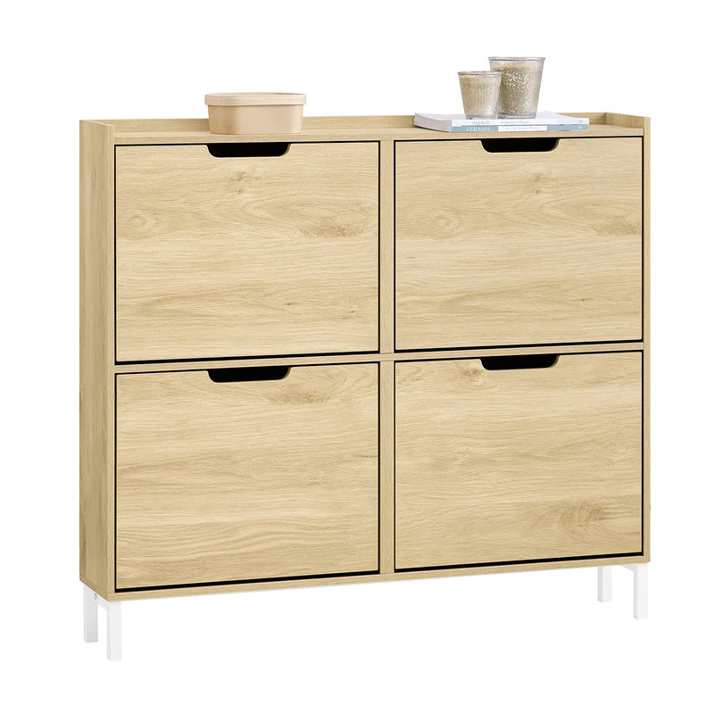 Scarpiera FSR100-N Salvaspazio Slim da Ingresso – Mobile Portascarpe con 4 Ante a Ribalta Regolabili in Legno – Armadio Scarpiera Alta e Stretta per Bagno o Corridoio, 100x19x91 cm，Naturale