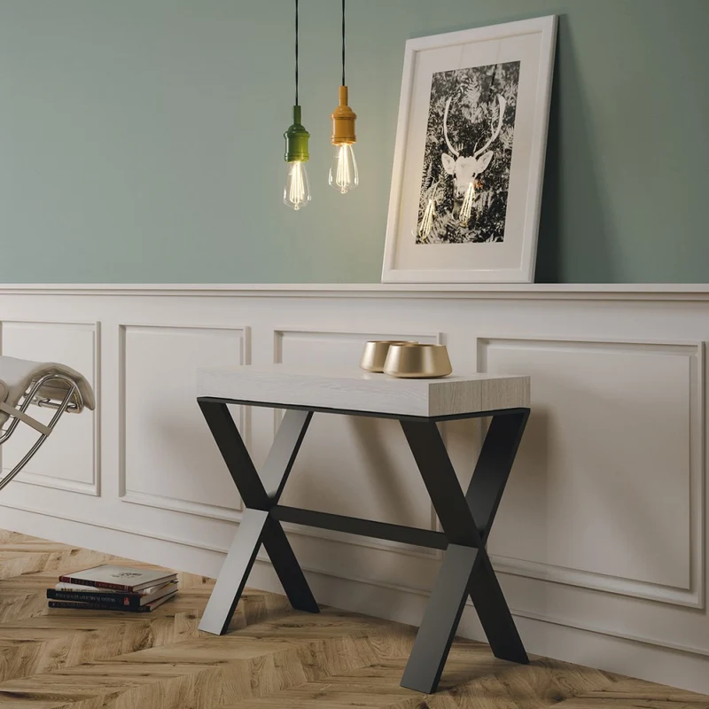 Xenia - Consolle allungabile gambe in metallo e piano bianco frassino cm 90x40/300x77h