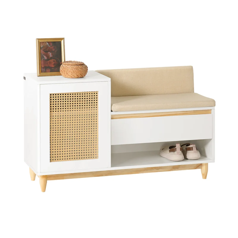 SoBuy FSR128-W Scarpiera Panca Ingresso con Seduta Imbottita – Panca Contenitore Salvaspazio con Ante a Reticolo – Porta Scarpe per Camera da Letto o Corridoio – Bianco 100x35x60cm, 150kg