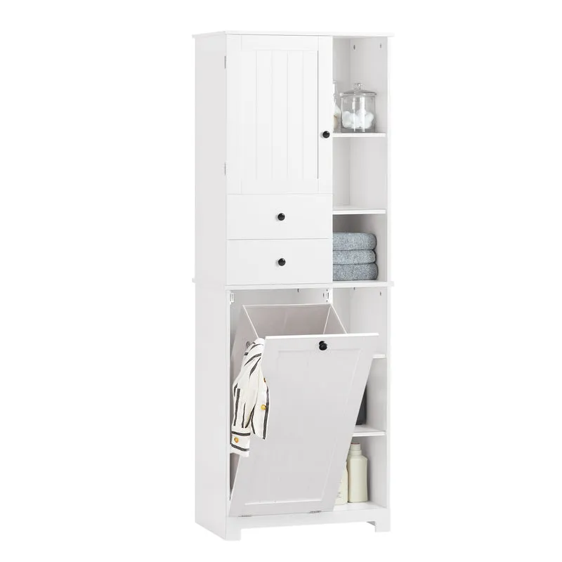 SoBuy BZR104-W Colonna Bagno da Terra e Mobile Lavanderia con Cesto, 6 Ripiani e 2 Cassetti, Bianco, 171x60x37 cm