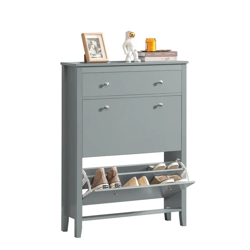 SoBuy FSR89-HG Scarpiera Salvaspazio Slim Ingresso con 2 Ribalte e Cassetto – Mobile Scarpiera Grigio Moderna per Corridoio Stretto, MDF E1, 80x25x108cm