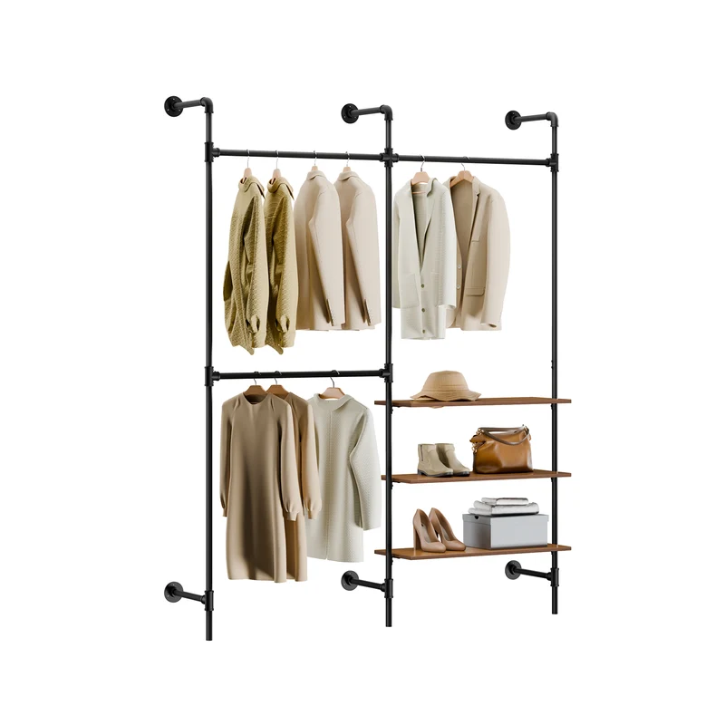 SoBuy KLS18-SCH appendiabiti da parete industriale, rack tubolare fisso con 3 barre & 3 ripiani in MDF, armadio aperto pesante salvaspazio, nero industriale