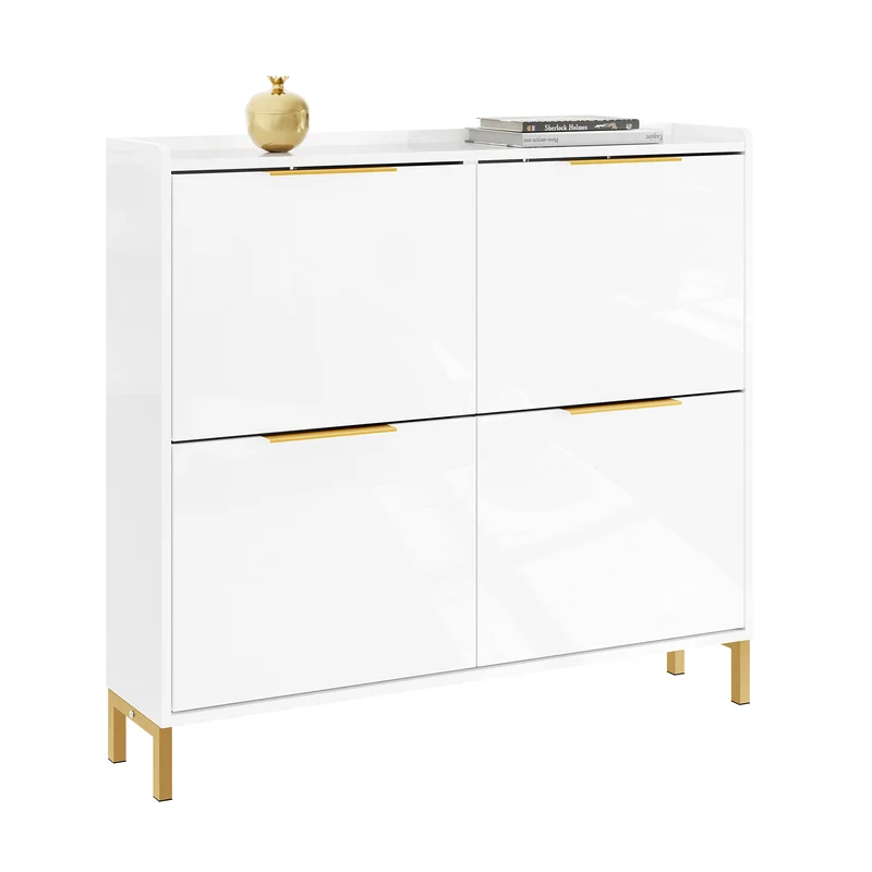 SoBuy FSR206-GW Scarpiera Salvaspazio Slim Ingresso - Mobile Scarpiera Bianca con 4 Ante a Ribalta, Profondità 19 cm, Design Nordico con Finitura Lucida e Maniglie Dorate, 100x19x90cm