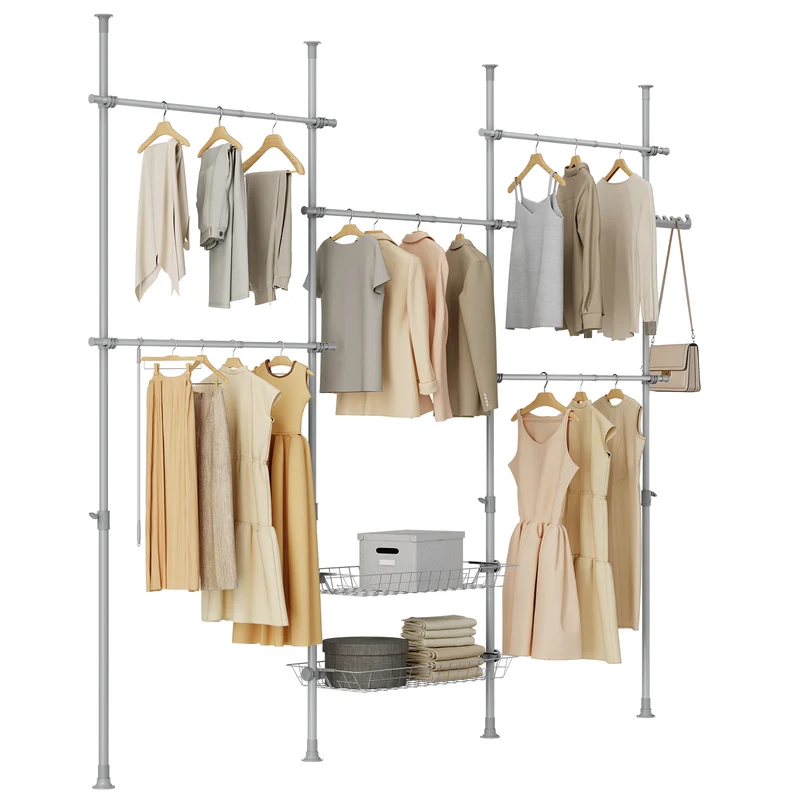 SoBuy KLS04-II-HG Telescopic Appendiabiti da Terra, Robusto Stand Appendiabiti con Aste e Ripiani, Armadio Aperto Regolabile per Camera da Letto, Porta Abiti Grigio