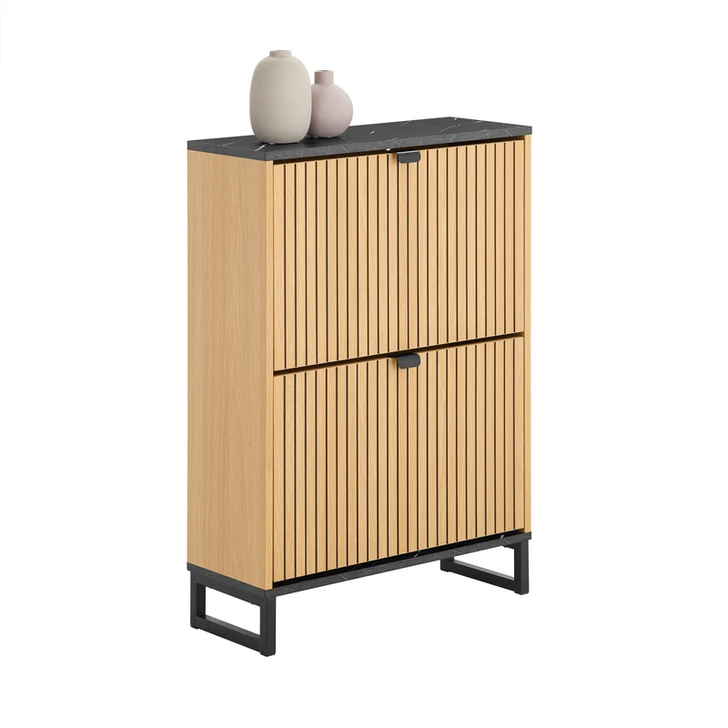 SoBuy FSR202-N Scarpiera Salvaspazio Slim a 2 Ante - Mobile Ingresso Moderno per Scarpe - Mobile Scarpiera da 8-12 Paia, con Struttura Resistente, Effetto Marmo Nero e Legno Chiaro, 60x24x88cm