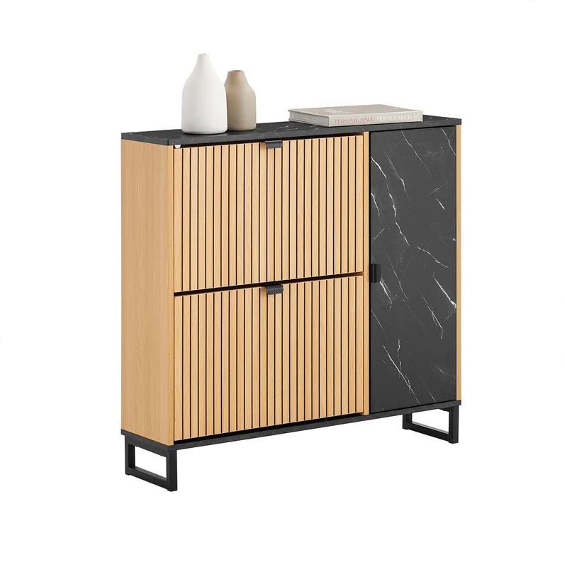 SoBuy FSR203-N Scarpiera Salvaspazio Slim con 2 Ante a Ribalta - Mobile Ingresso per 8 Paia di Scarpe, Scarpiera Ingresso - Design Moderno Nero Marmo e Legno Chiaro, Fissaggio Antiribaltamento