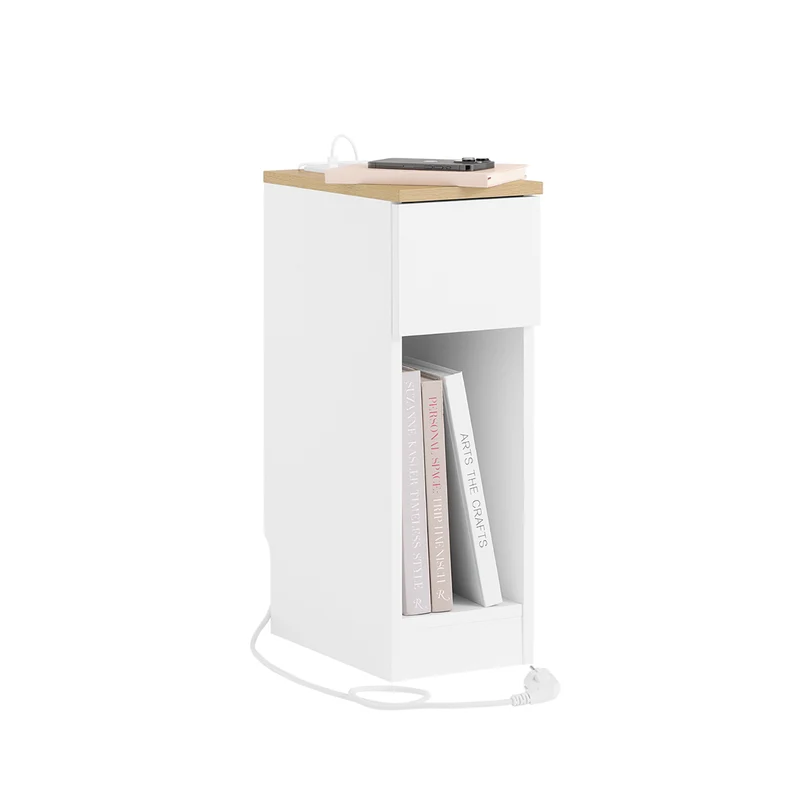 SoBuy FBT111-E-WN Comodino Stretto con Larghezza di 20 cm, Tavolo Ausiliario con Cassetto, Comodino con Porte USB, per Camera da Letto e Soggiorno, Colore Bianco e Legno, Dimensioni 20 x 35 x 60 cm