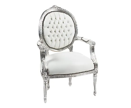 Poltroncina stile barocco in legno color argento e tessuto bianco con gemme cm 60x65x90h
