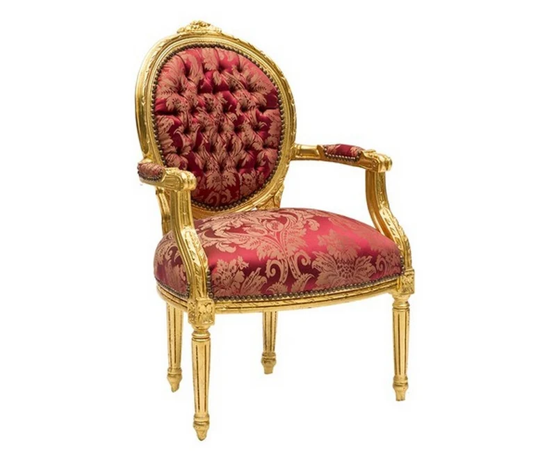 Poltroncina barocco in legno e tessuto rosso a foglie cm 60x65x90h