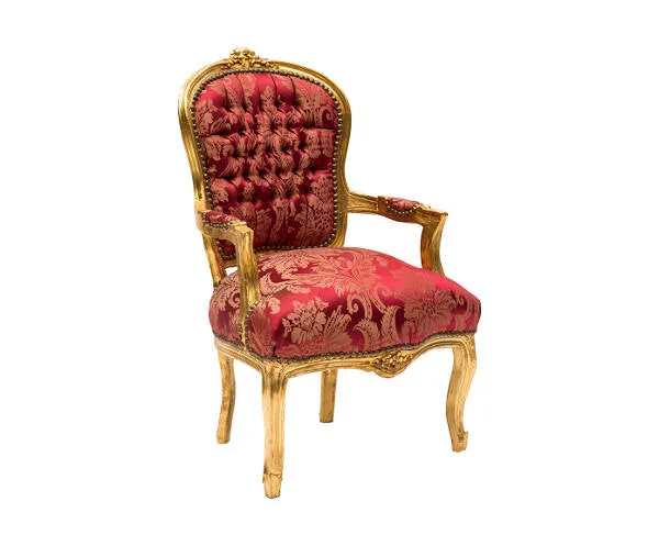 Poltroncina con braccioli in stile barocco in legno e tessuto rosso cm 60x65x94h