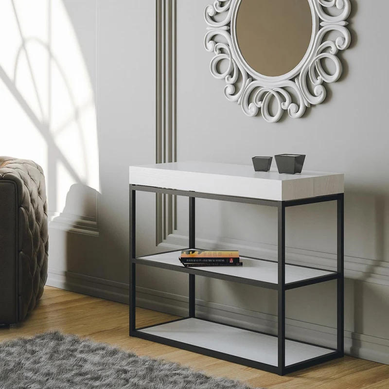 Plano - Tavolo consolle allungabile moderno in metallo e ripiani bianco frassino cm 90x40x77h