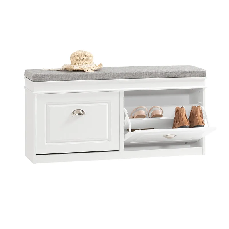 SoBuy FSR64-W Panca Scarpiera Slim da Ingresso con Cuscino e Ripiani Regolabili, Cassapanca Contenitore Salvaspazio 104x24x52 cm, Bianco