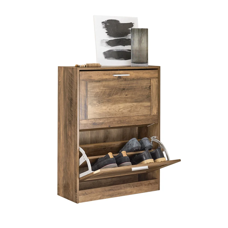 SoBuy FSR137-F Scarpiera Salvaspazio Slim per Ingresso, Mobile Ingresso a 2 Ribalte, 60x23x79 cm, Noce, Design Moderno, Facile Installazione, Regolabile per Scarpe Basse e Stivali