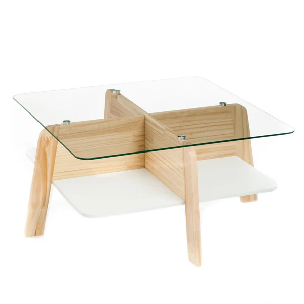 Tavolino da salotto basso moderno in legno e vetro trasparente con ripiano cm 60x60x30h