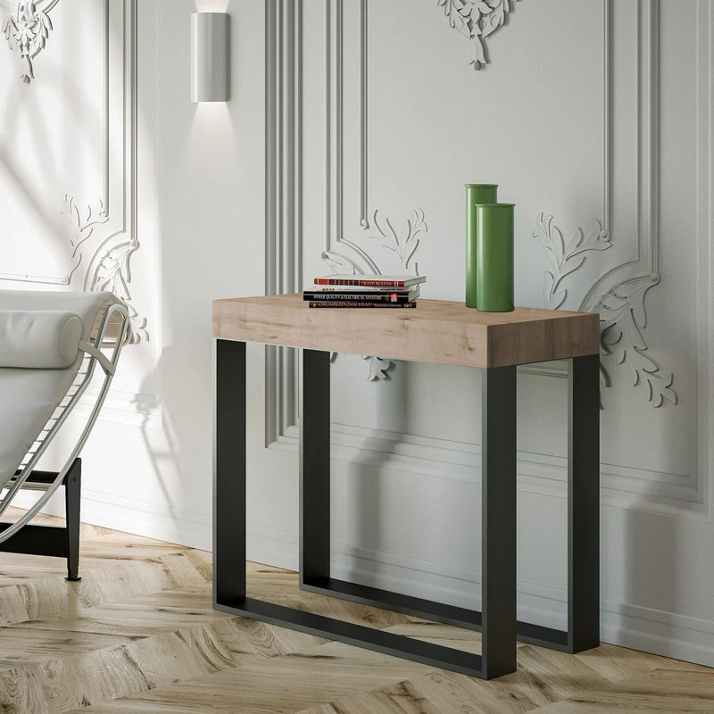 Elettra - Consolle moderna allungabile in metallo con piano rovere natura cm 90/300x40x77h