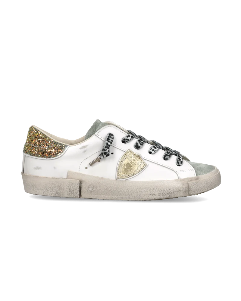 Sneakers Prsx Women with Glitter heel tab, White Light Blue Gold