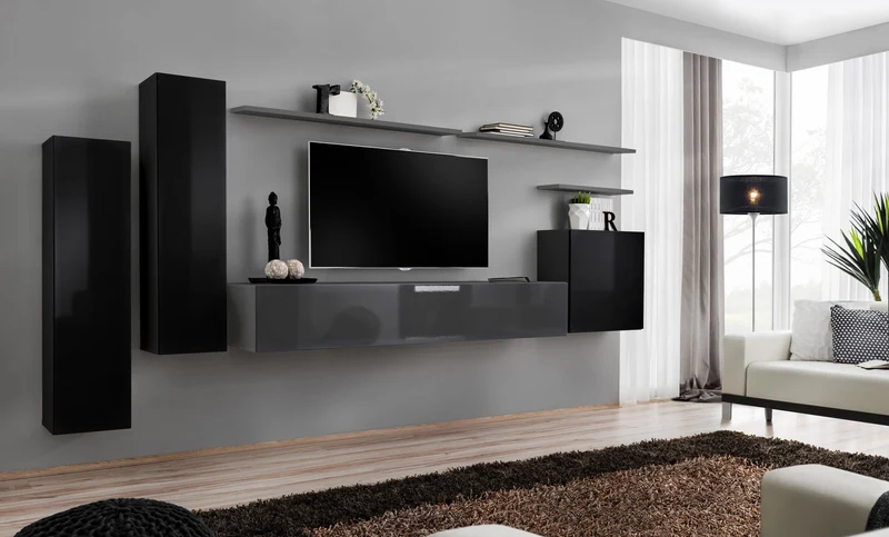 Tiberio - Parete attrezzata componibile sospesa con mobile tv e pensili - vari colori