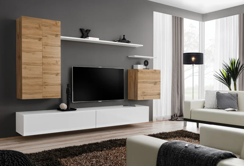 Clelia - Parete living moderna con pensili sospesi quercia natura - vari colori