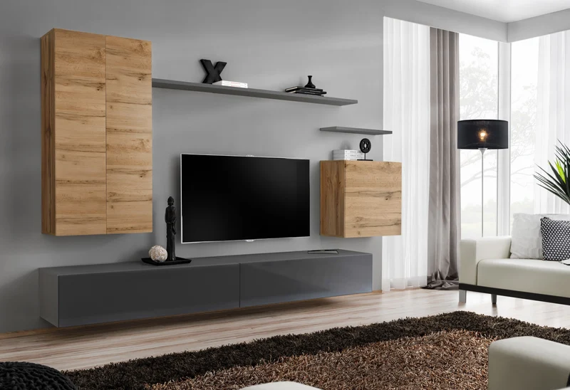 Luana - Parete soggiorno design moderno pensili sospesi quercia natura - vari colori