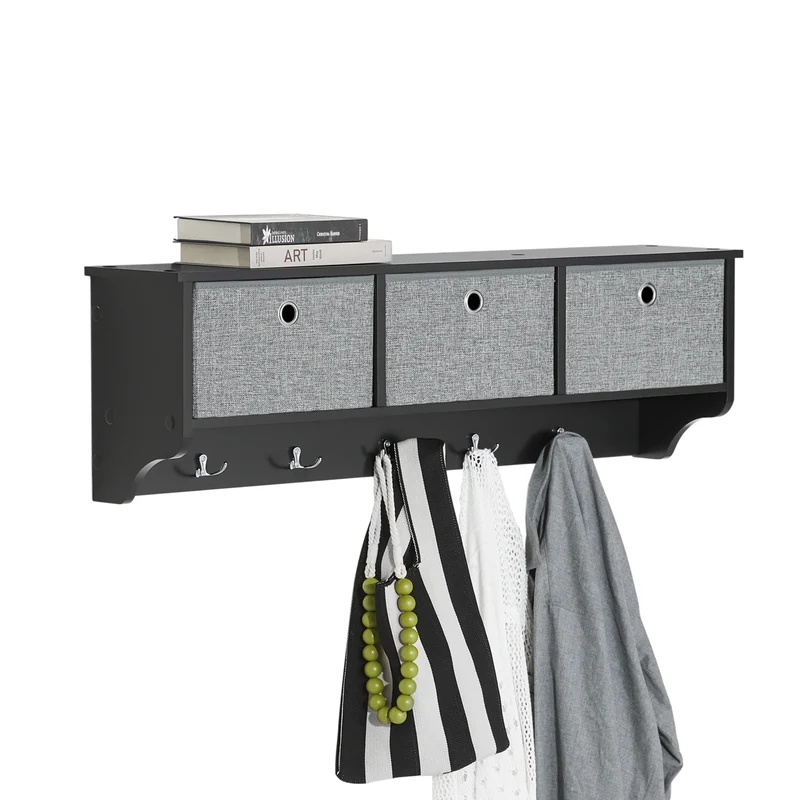 SoBuy FRG282-SCH Portachiavi da Muro Ingresso Appendini da Muro con 5 Ganci Appendiabiti e 3 Cestini in Tessuto Pieghevole, Mobile Ingresso Appendiabiti Nero, Capacità di Carico 15kg, 100x20x31cm